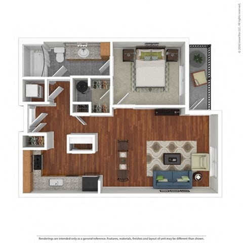 Floor plan for 1 bed, 1 bath, 730 sqft